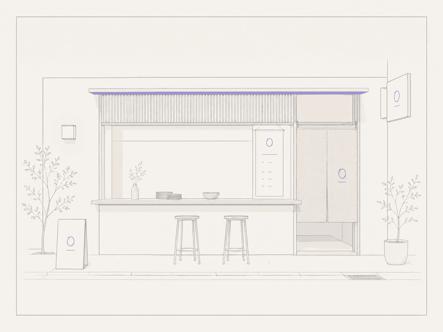 A refined line illustration of a small Tokyo restaurant storefront
