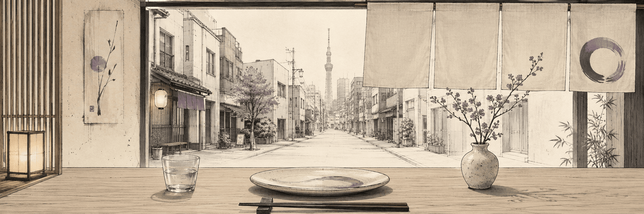 A line illustration looking out from a restaurant table onto a quiet Tokyo street